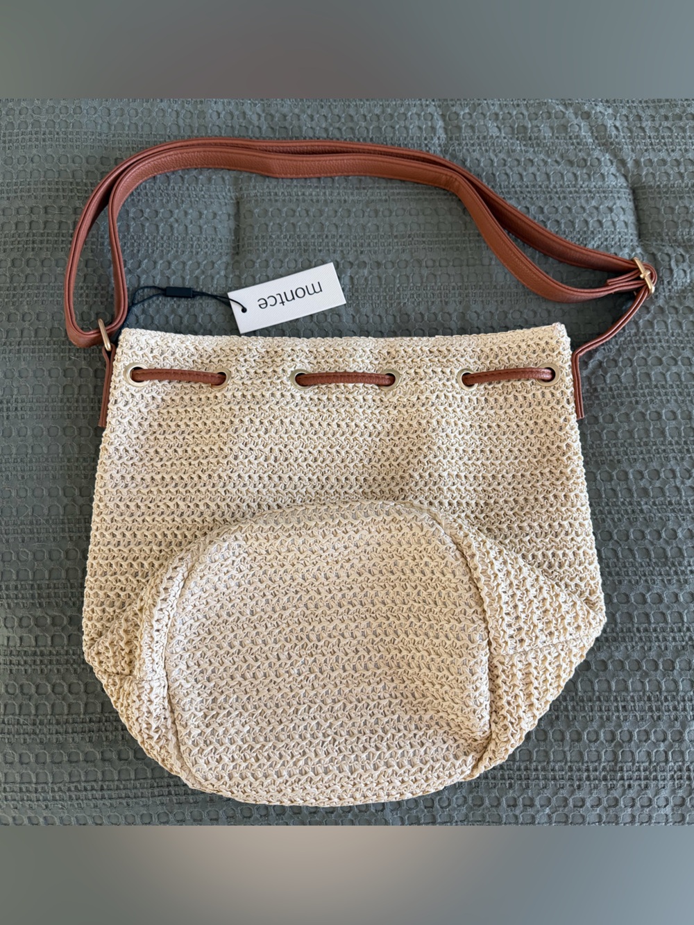 Montce Tan Woven Bucket Bag with Brown Drawstring and Adjustable Strap - Picture 2 of 4